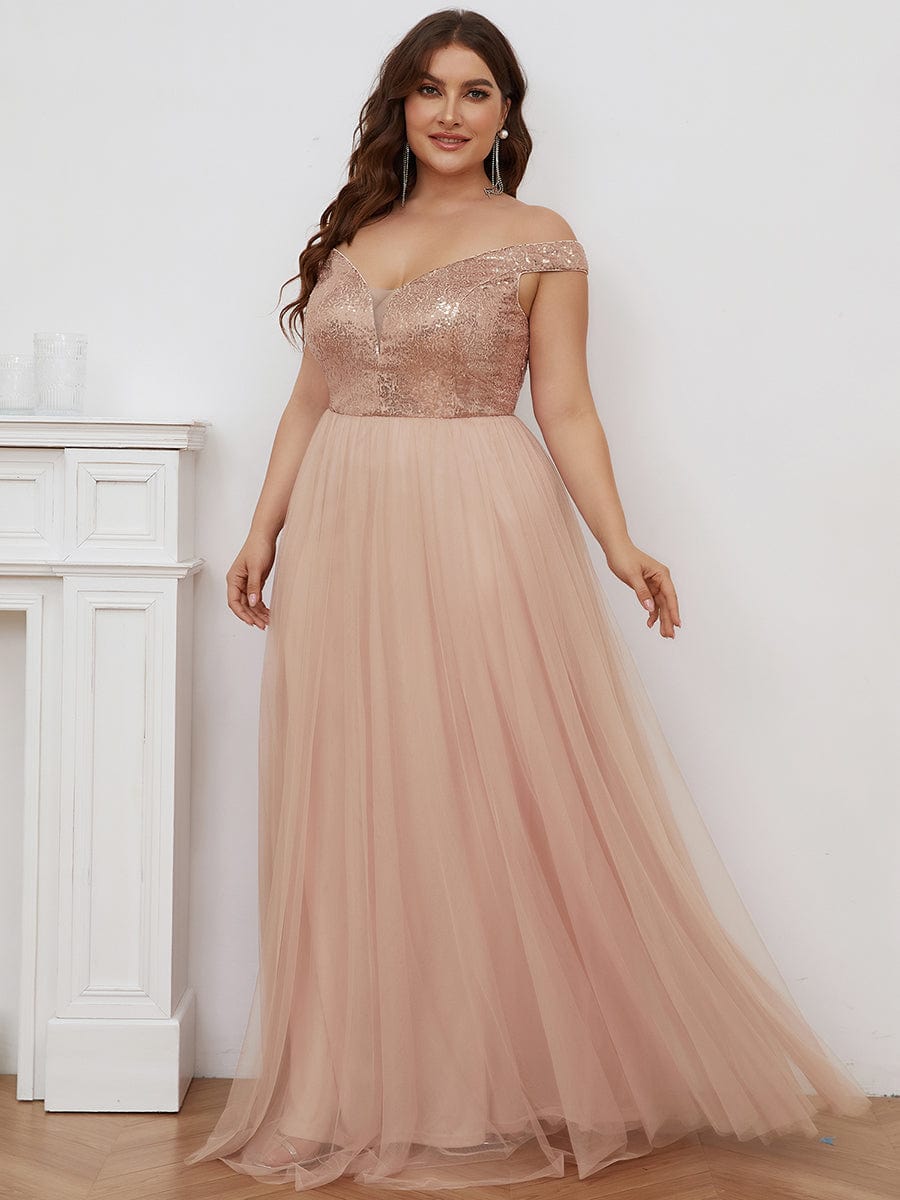 Marquee Off-Shoulder Sequin Tulle Gown in Rose Gold