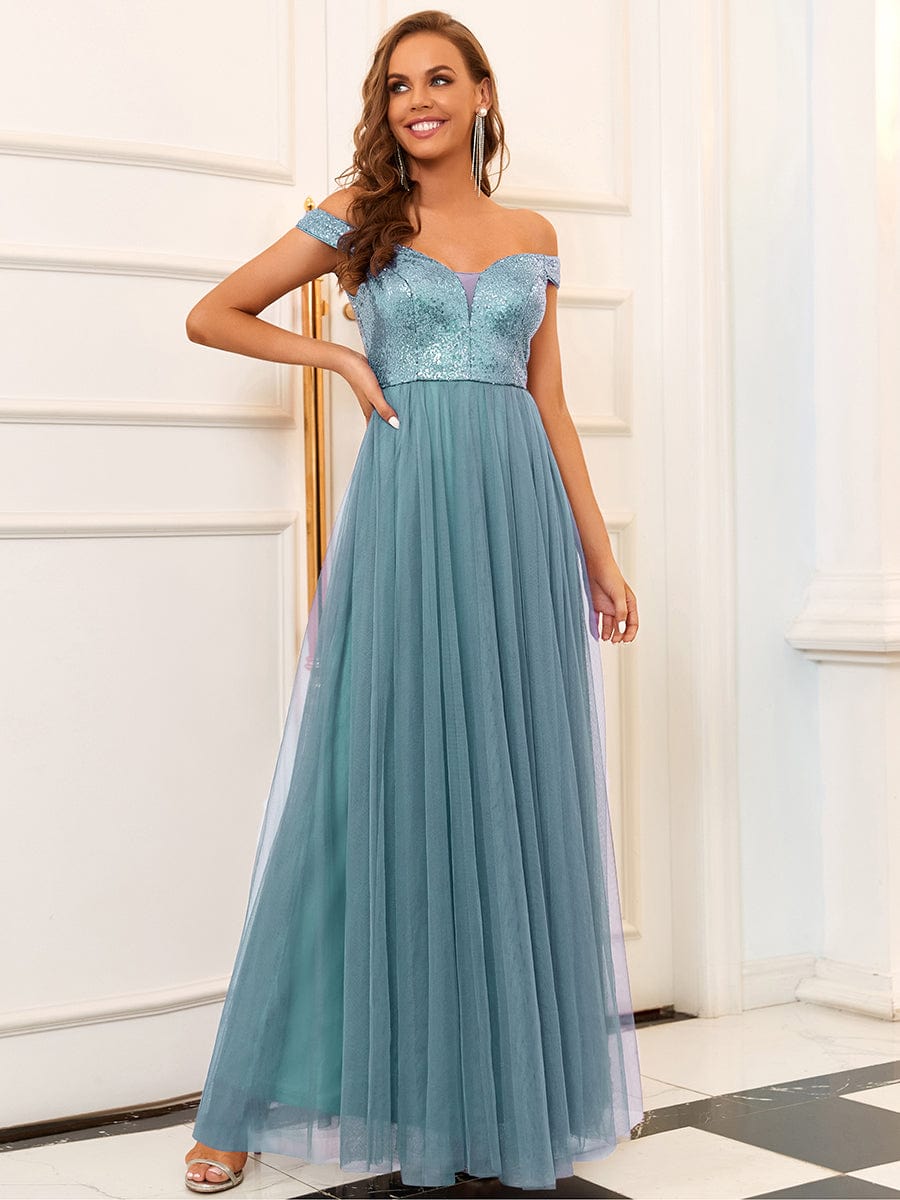 Marquee Off-Shoulder Sequin Tulle Gown