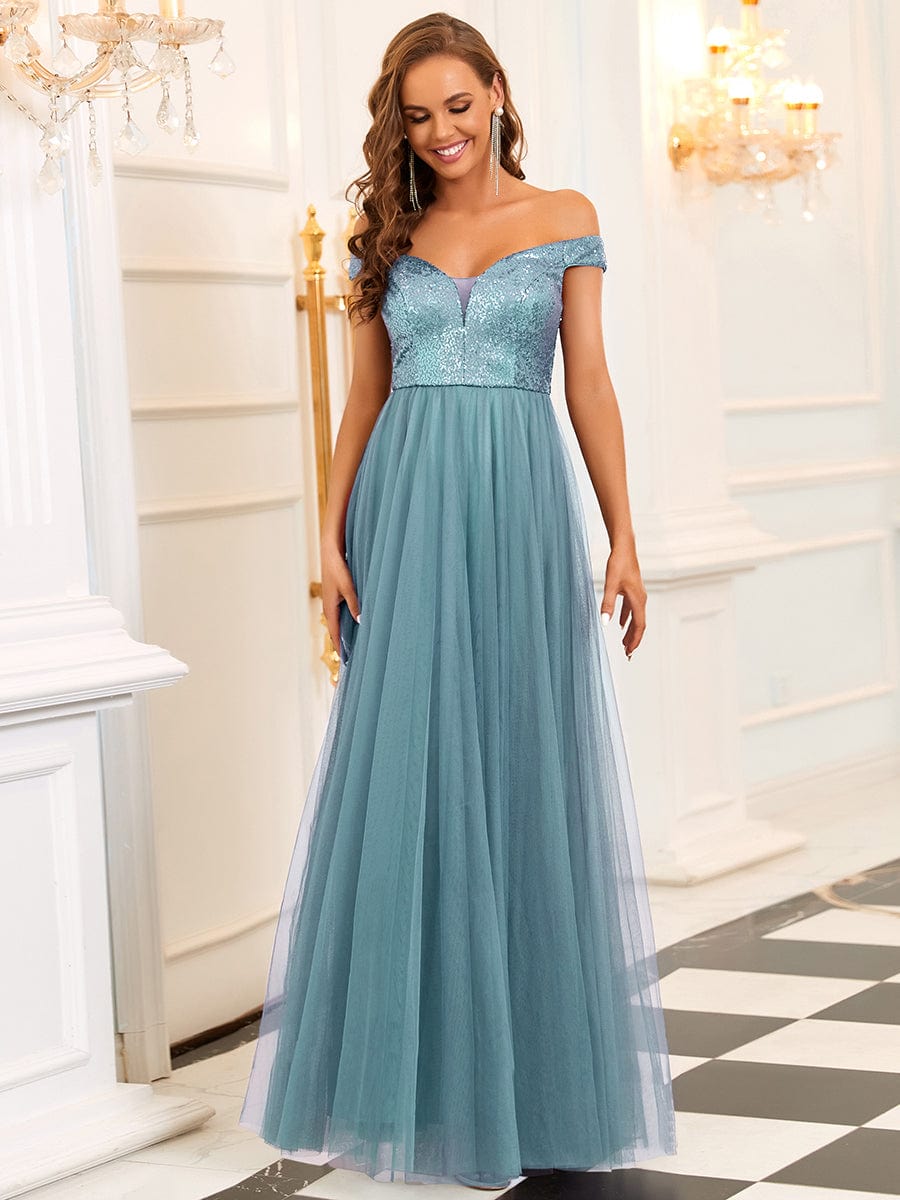 Marquee Off-Shoulder Sequin Tulle Gown