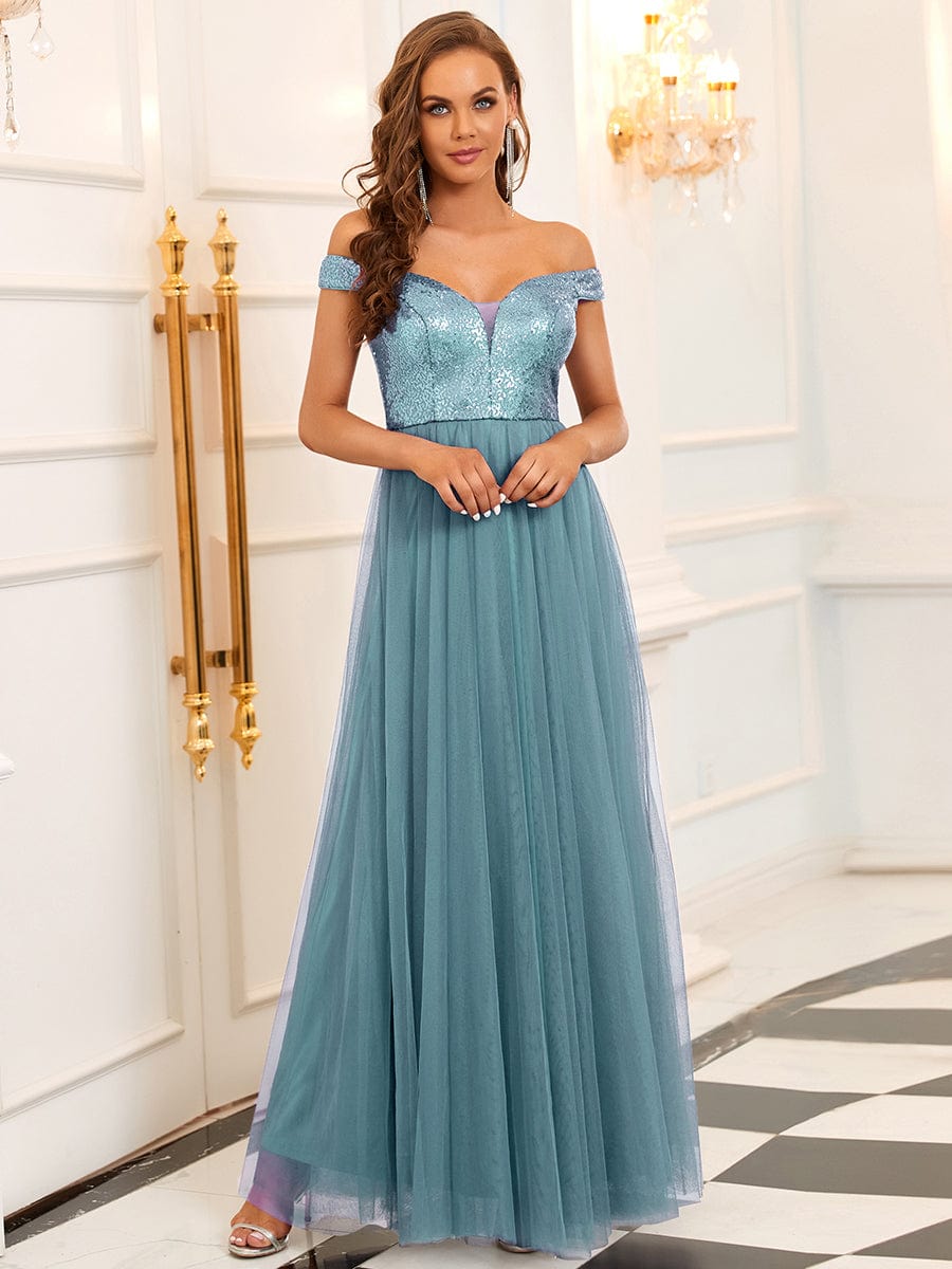 Marquee Off-Shoulder Sequin Tulle Gown
