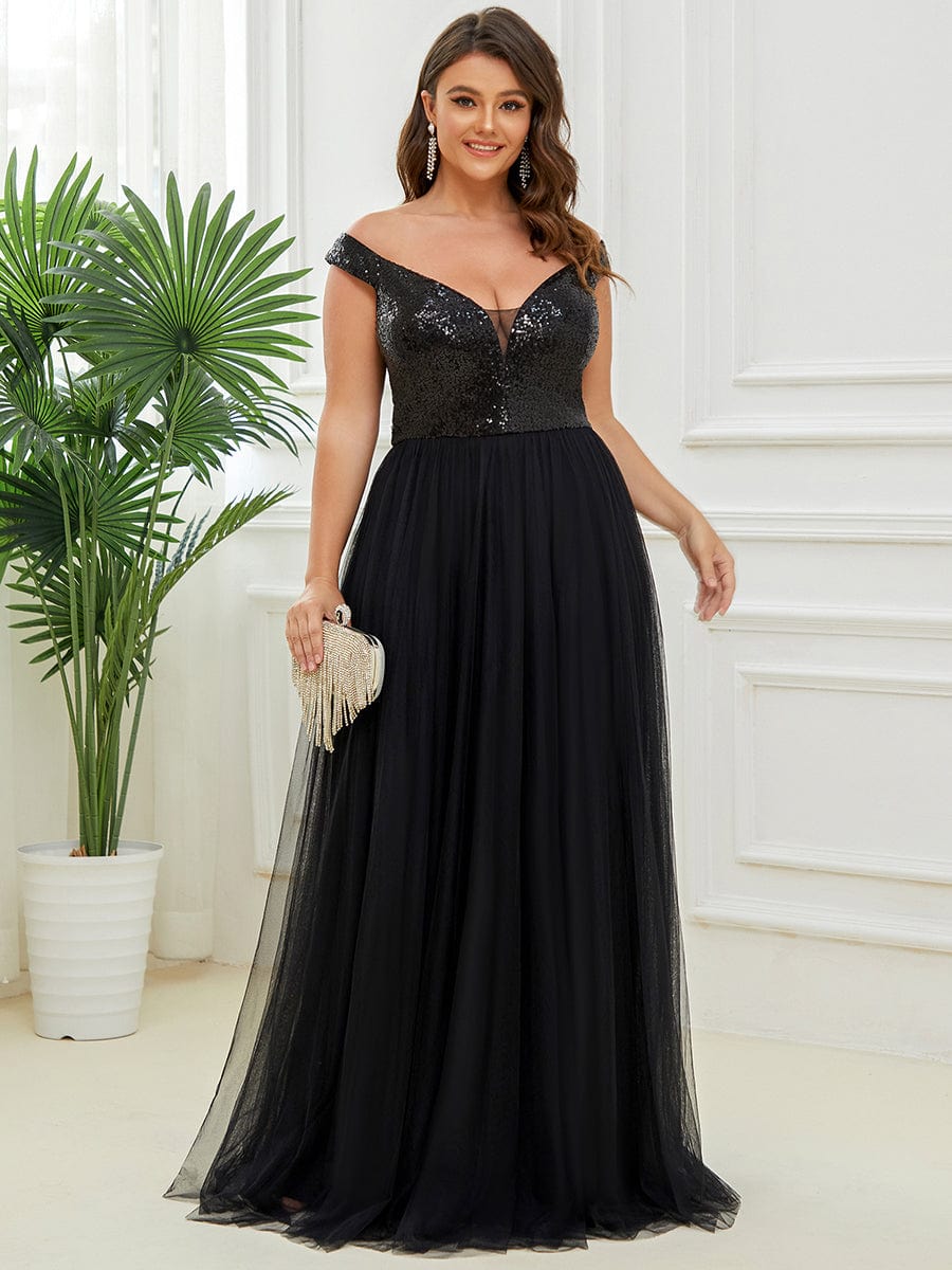 Marquee Off-Shoulder Sequin Tulle Gown