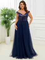 Marquee Off-Shoulder Sequin Tulle Gown