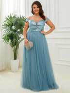 Marquee Off-Shoulder Sequin Tulle Gown