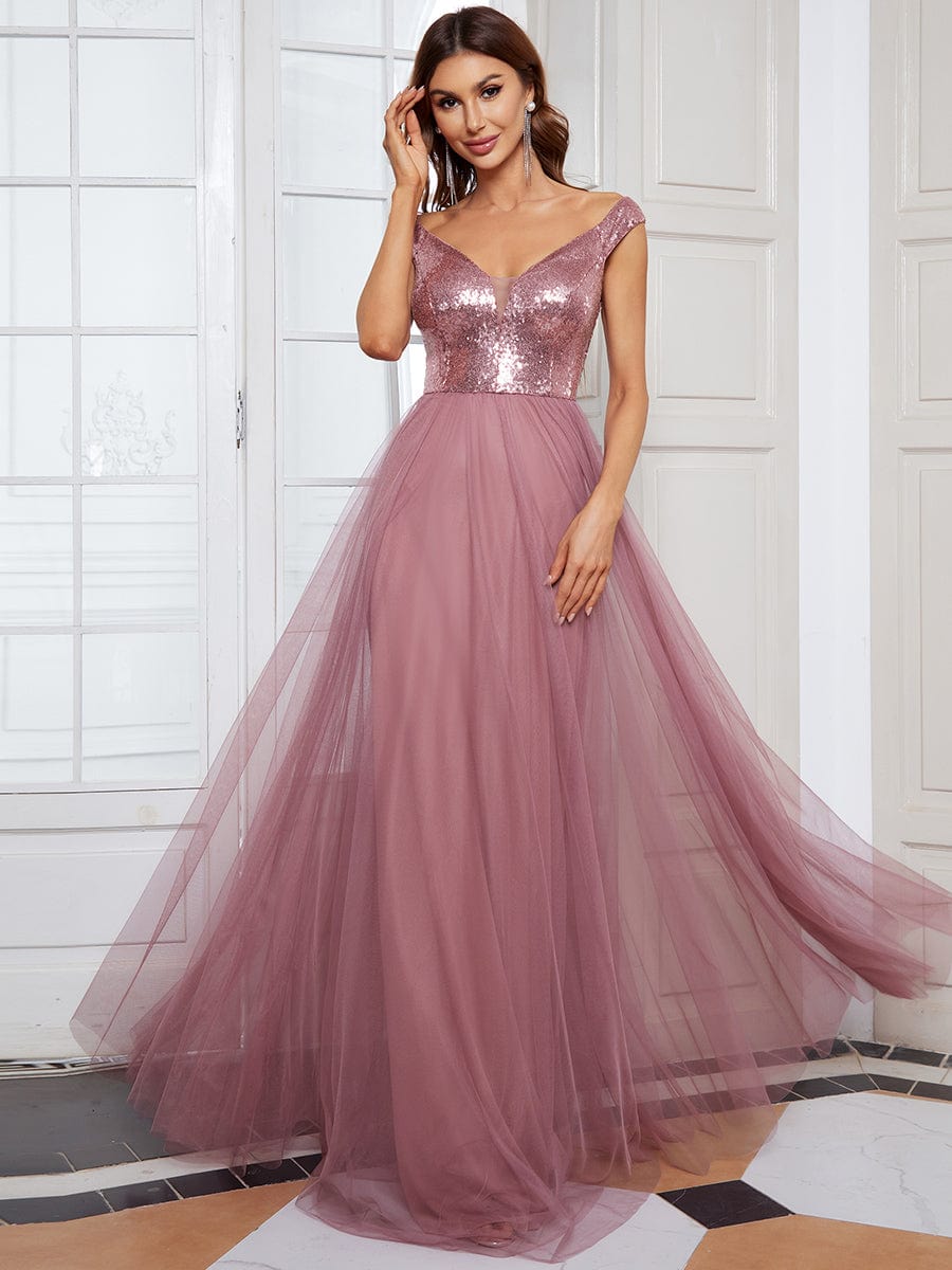 Marquee Off-Shoulder Sequin Tulle Gown