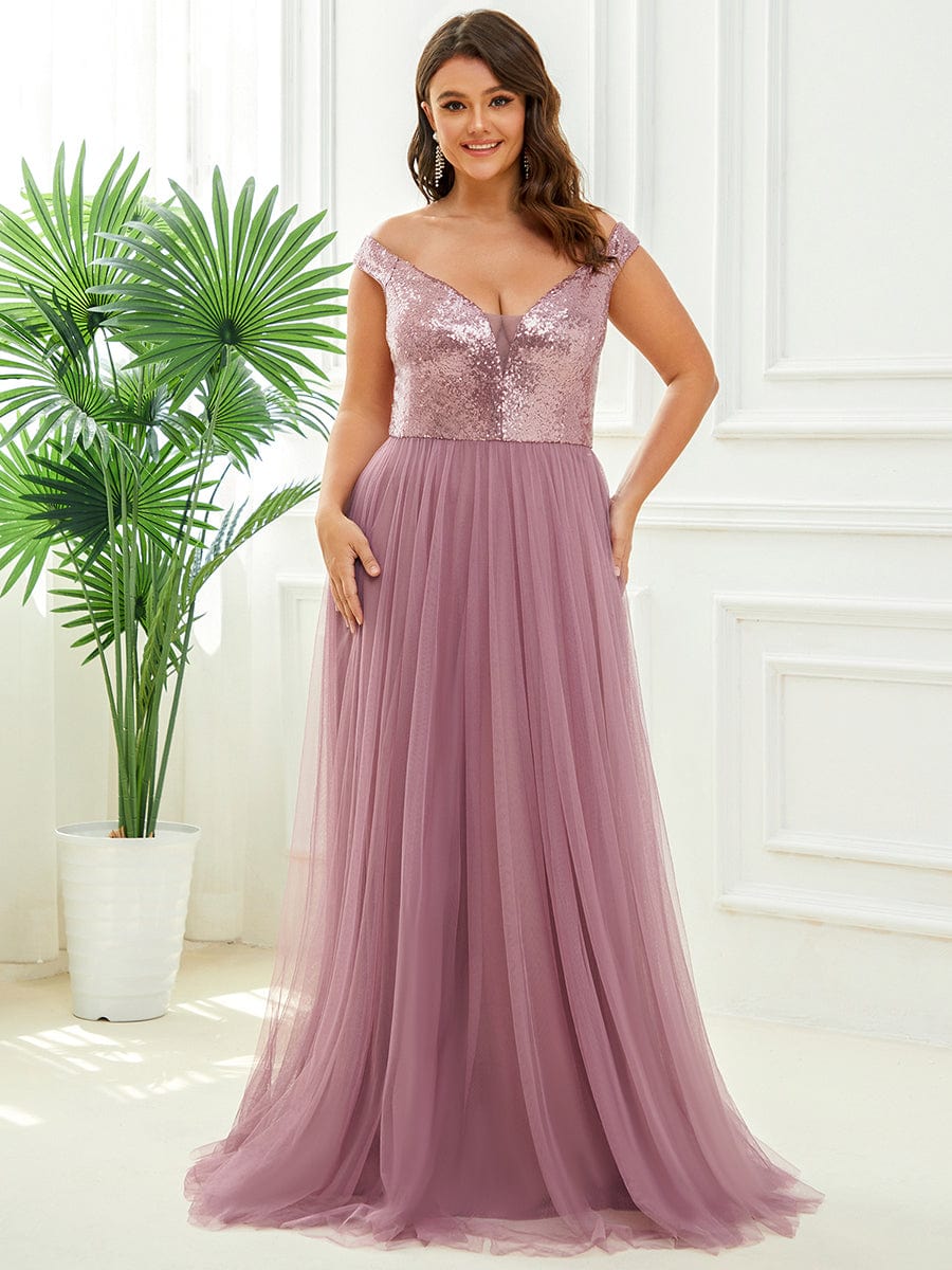 Marquee Off-Shoulder Sequin Tulle Gown