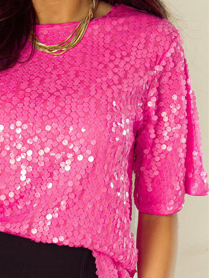 Sparkling Bright Pink Sequin Round Neck Top with Half Sleeves