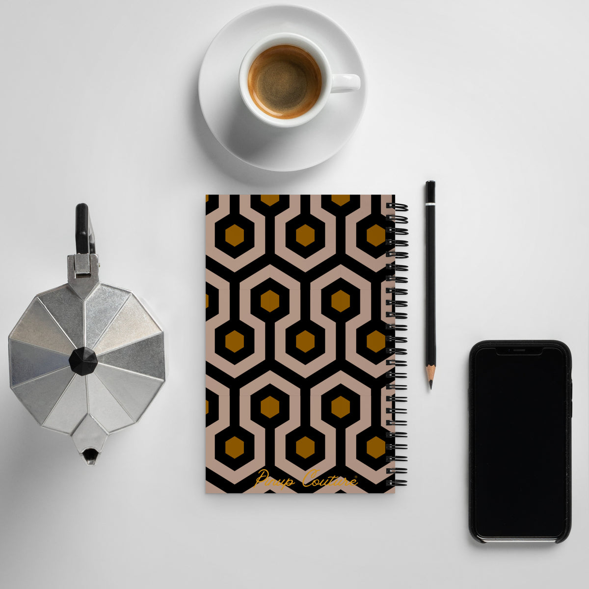 8.5"x5.5" Spiral notebook with Dotted Pages in Brown Hexagon Print