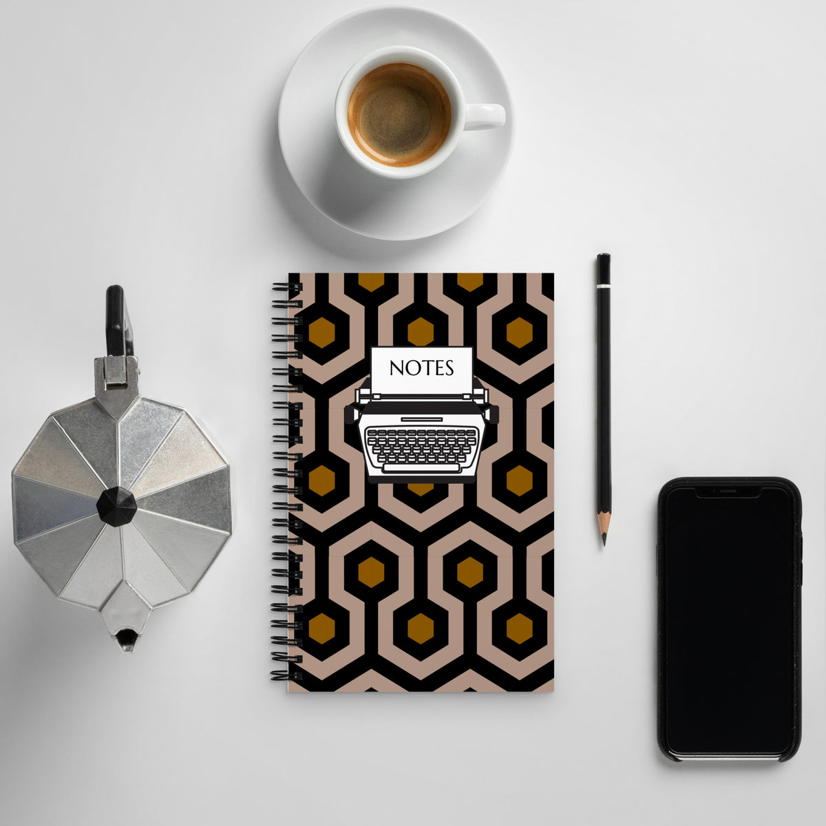 8.5"x5.5" Spiral notebook with Dotted Pages in Brown Hexagon Print