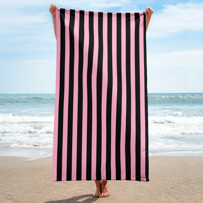 Arden Candy Cane Pink & Black Mark Stripe Beach & Bath Towel | Pinup Couture Home