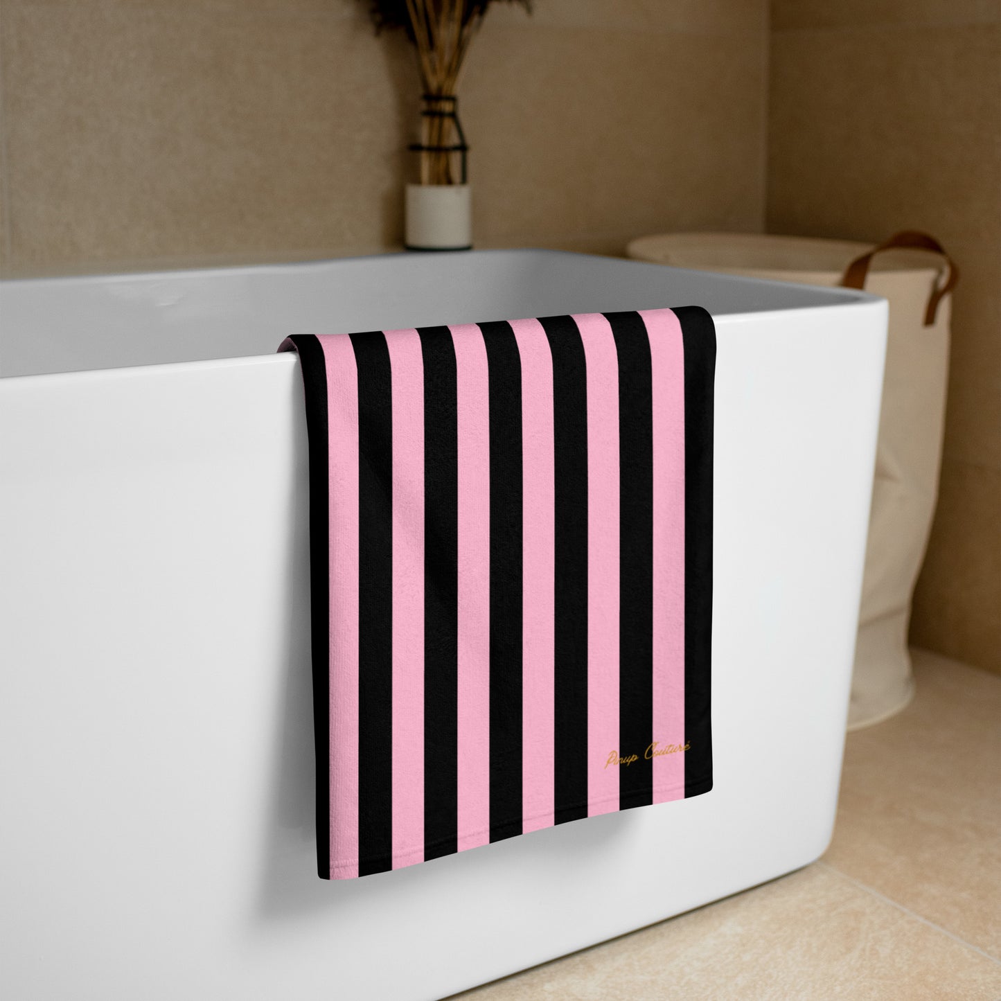 Arden Candy Cane Pink & Black Mark Stripe Beach & Bath Towel | Pinup Couture Home