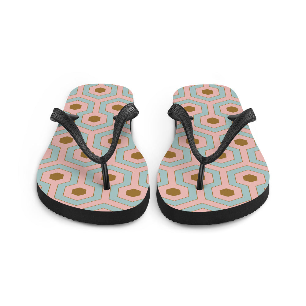 Amie Thong Flip-Flop Beach Sandals in Antoinette Pink & Blue Hotel Hexagon