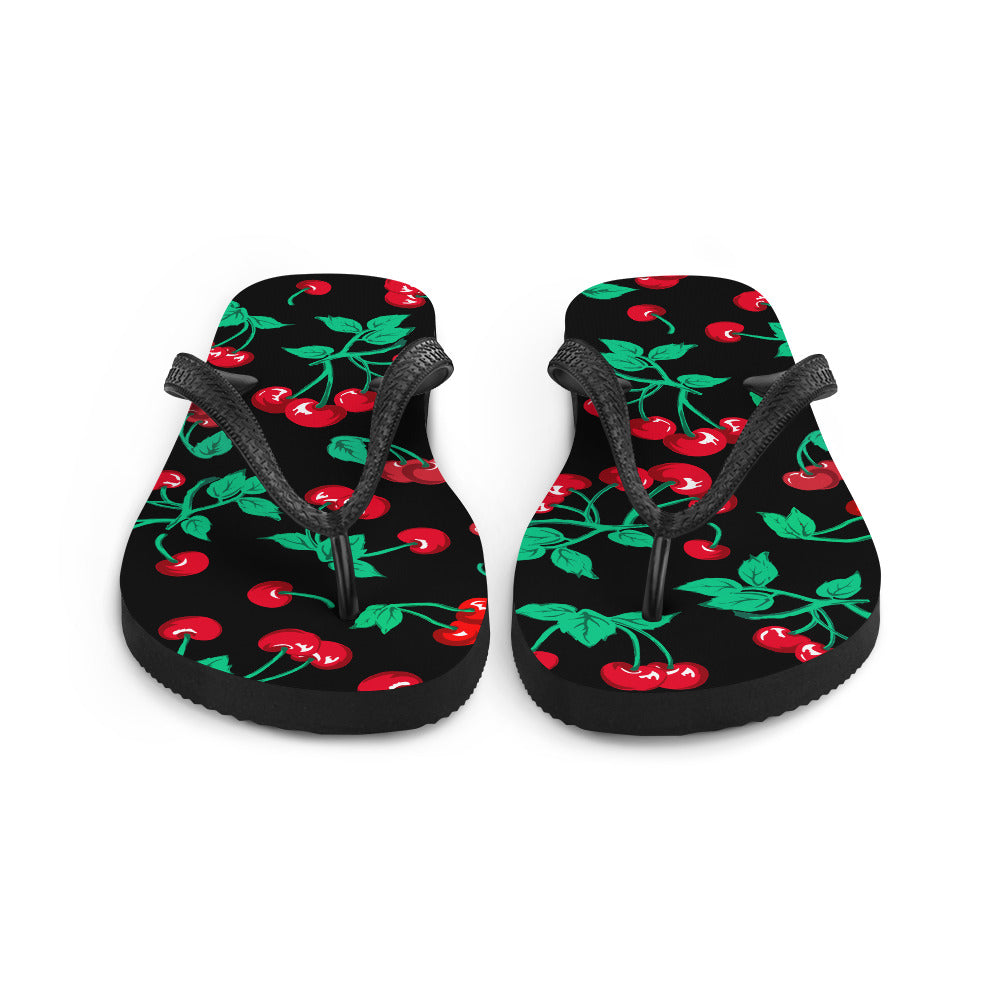 90s Vintage Thong Flip-Flop Beach Sandals in Black Cherry Print