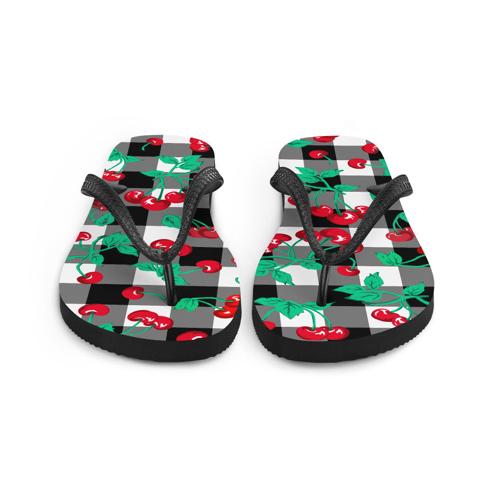 Amie Thong Flip-Flop Beach Sandals in Cherry Girl Black Gingham