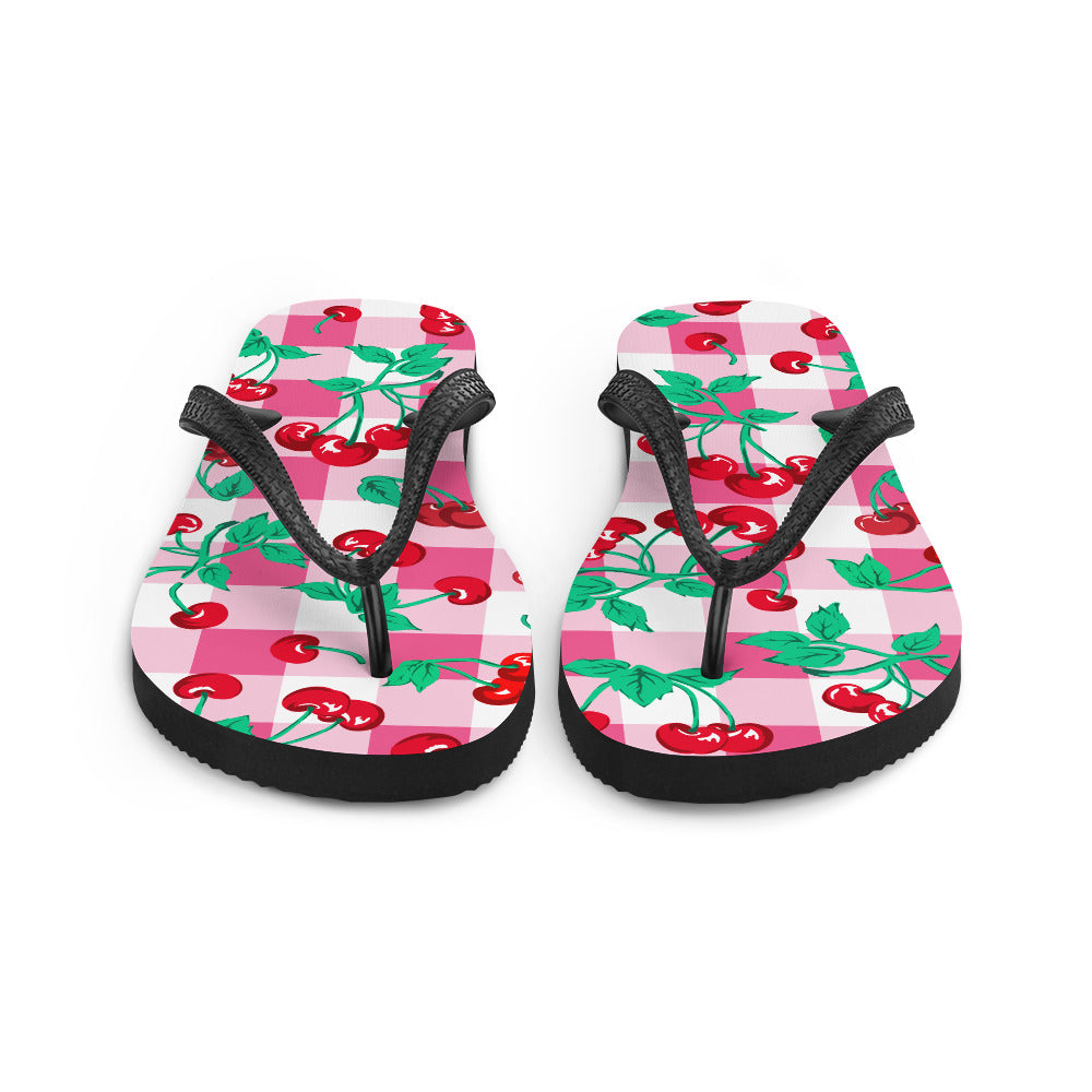 Amie Thong Flip-Flop Beach Sandals in Pink Gingham Cherry Girl