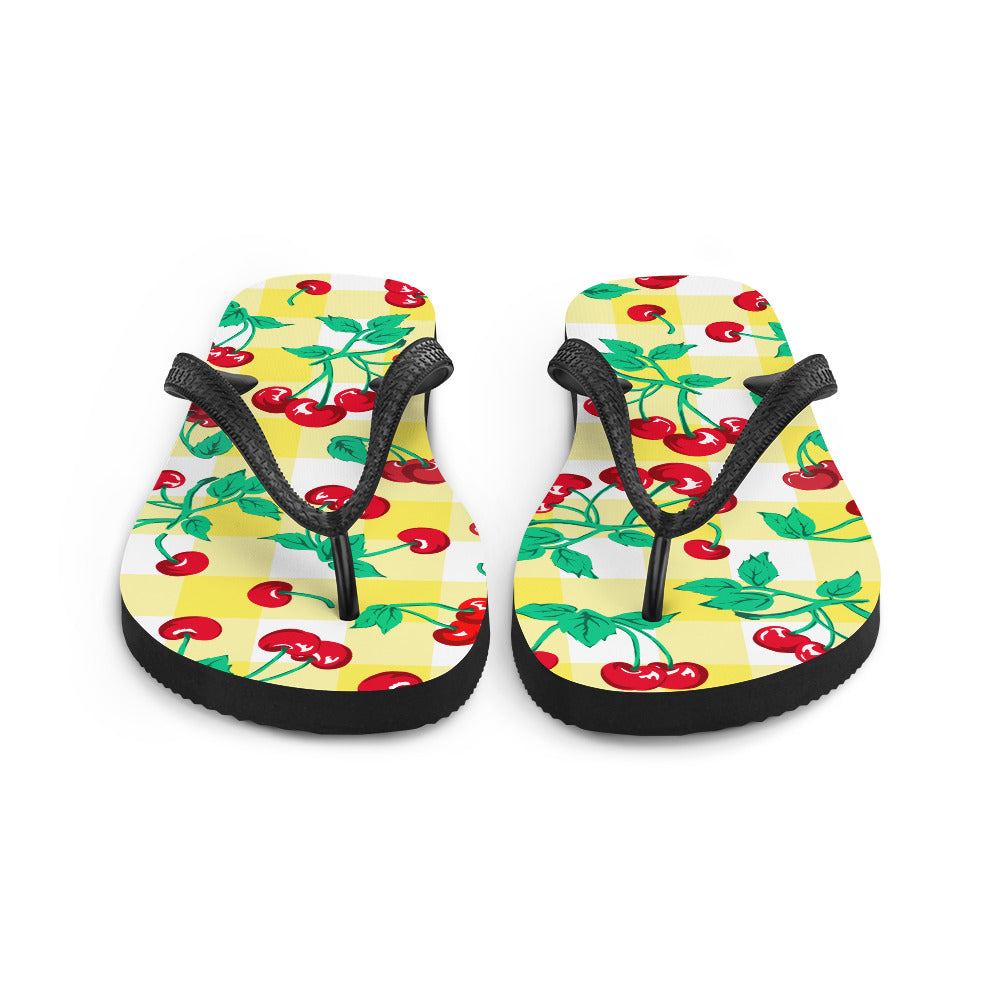 Amie Thong Flip-Flop Beach Sandals in Yellow Gingham Cherry Girl