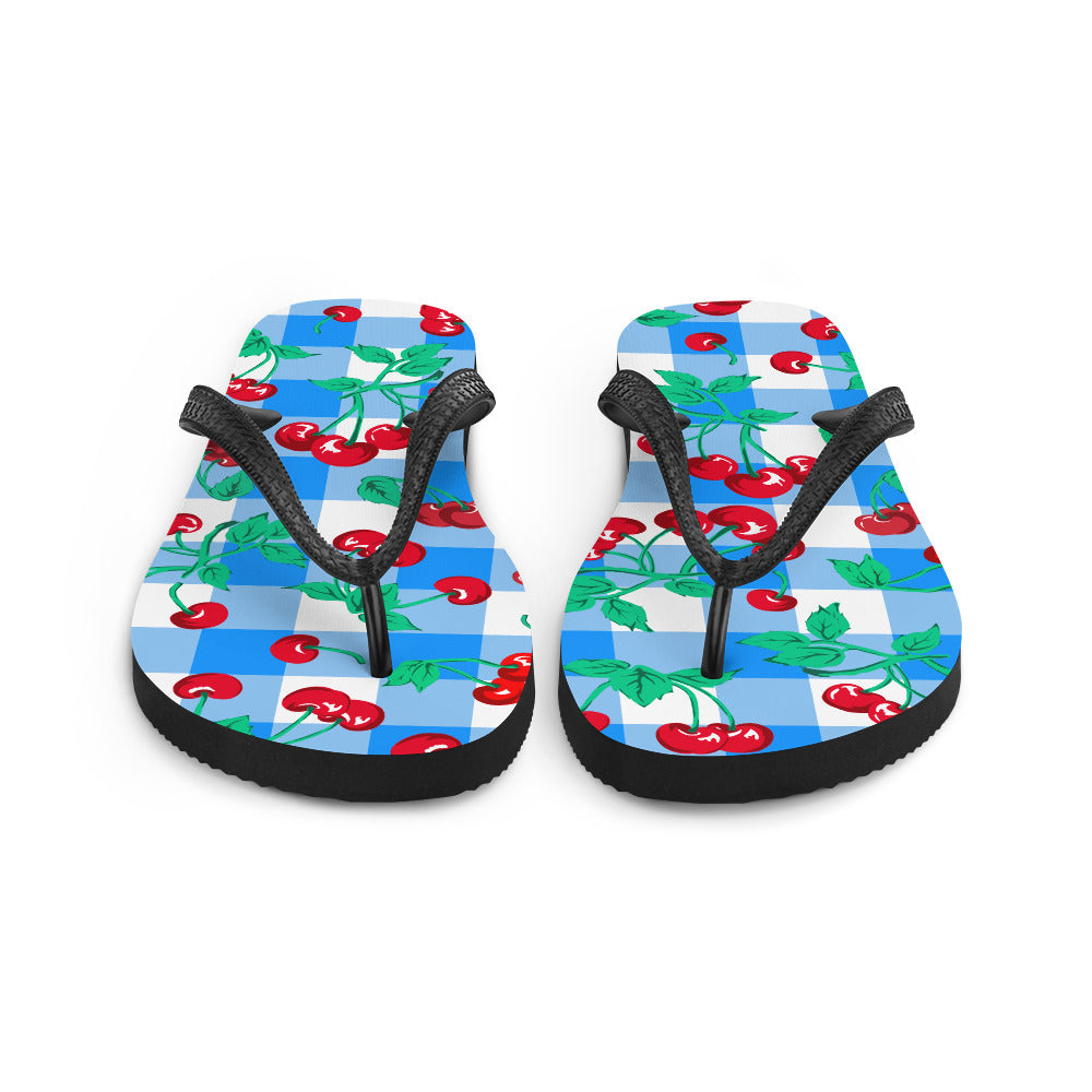 Amie Thong Flip-Flop Beach Sandals in Cherry Girl Blue Gingham