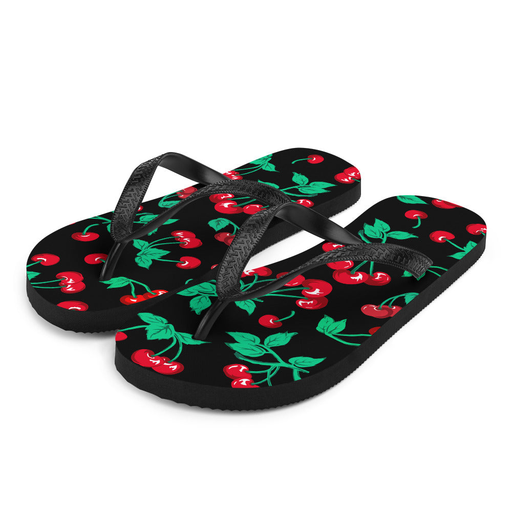 90s Vintage Thong Flip-Flop Beach Sandals in Black Cherry Print