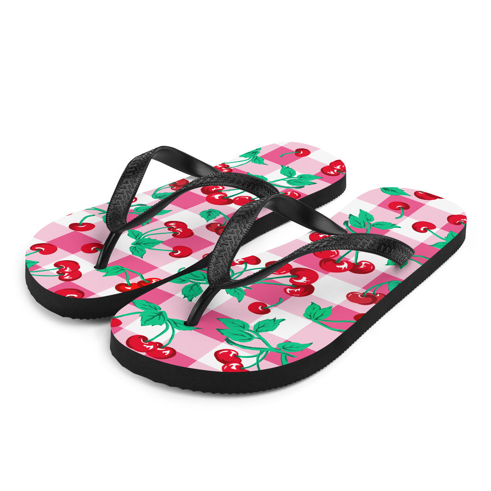 Amie Thong Flip-Flop Beach Sandals in Pink Gingham Cherry Girl