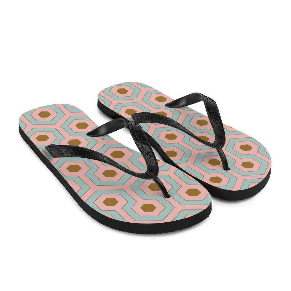 Amie Thong Flip-Flop Beach Sandals in Antoinette Pink & Blue Hotel Hexagon