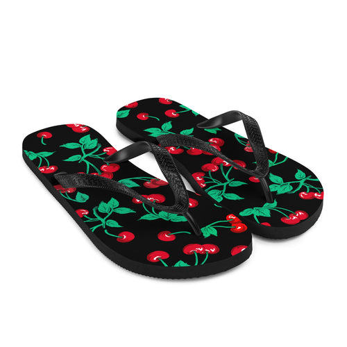 90s Vintage Thong Flip-Flop Beach Sandals in Black Cherry Print