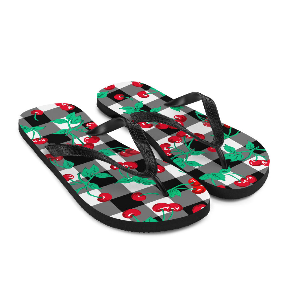 Amie Thong Flip-Flop Beach Sandals in Cherry Girl Black Gingham | Pinup Couture Relaxed