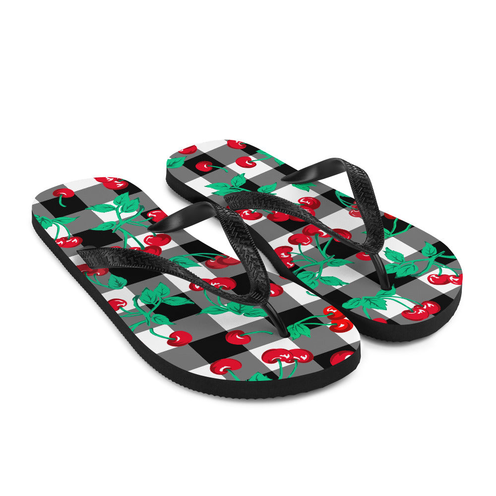 Amie Thong Flip-Flop Beach Sandals in Cherry Girl Black Gingham