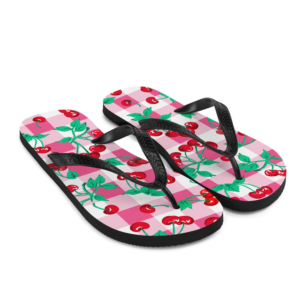 Amie Thong Flip-Flop Beach Sandals in Pink Gingham Cherry Girl