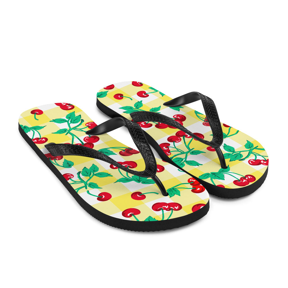 Amie Thong Flip-Flop Beach Sandals in Yellow Gingham Cherry Girl