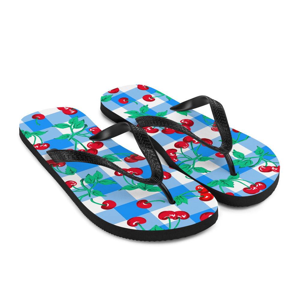 Amie Thong Flip-Flop Beach Sandals in Cherry Girl Blue Gingham