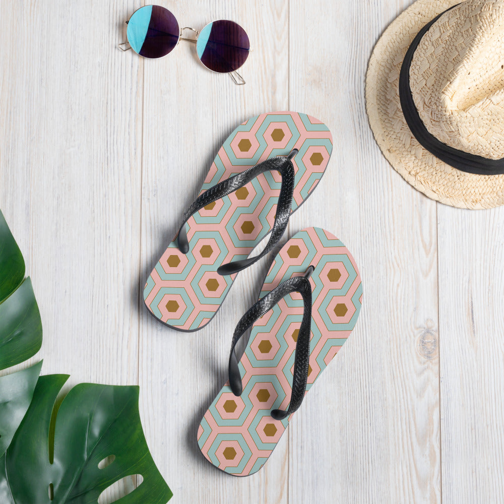 Amie Thong Flip-Flop Beach Sandals in Antoinette Pink & Blue Hotel Hexagon