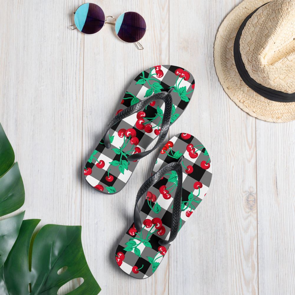 Amie Thong Flip-Flop Beach Sandals in Cherry Girl Black Gingham