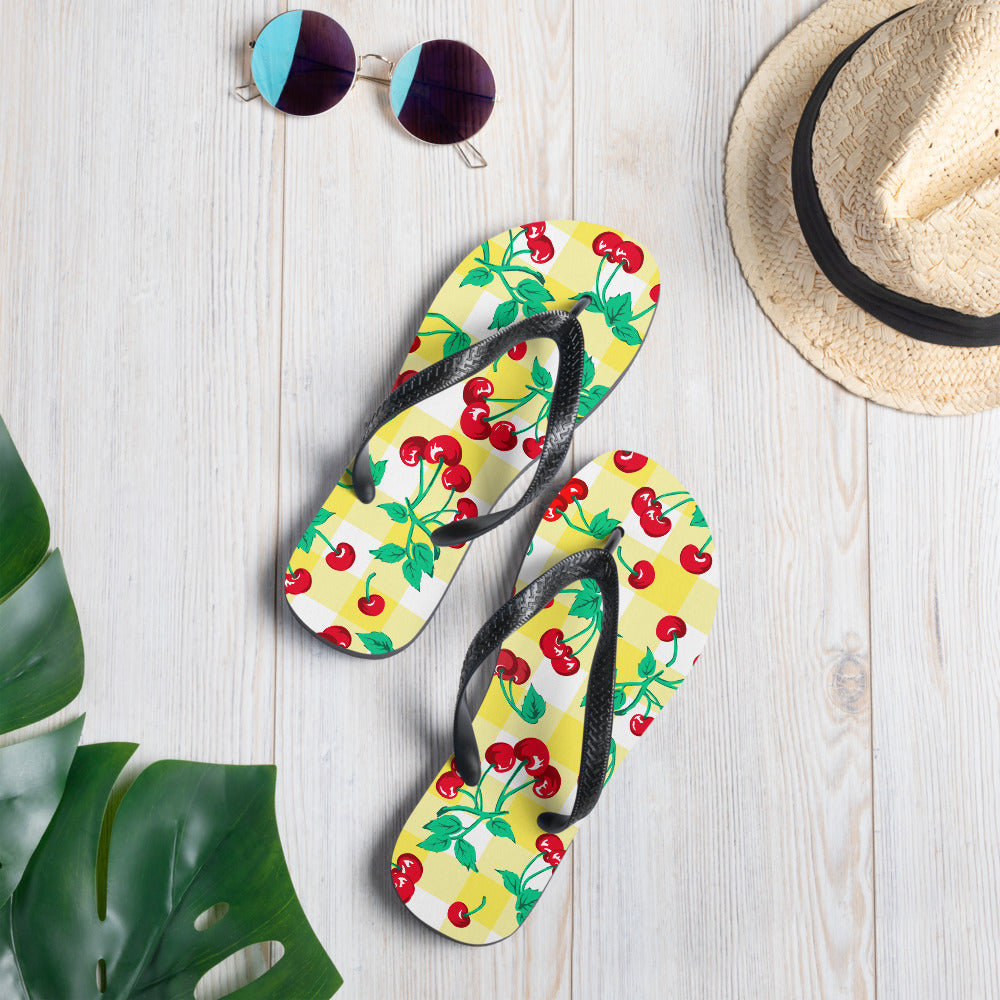 Amie Thong Flip-Flop Beach Sandals in Yellow Gingham Cherry Girl