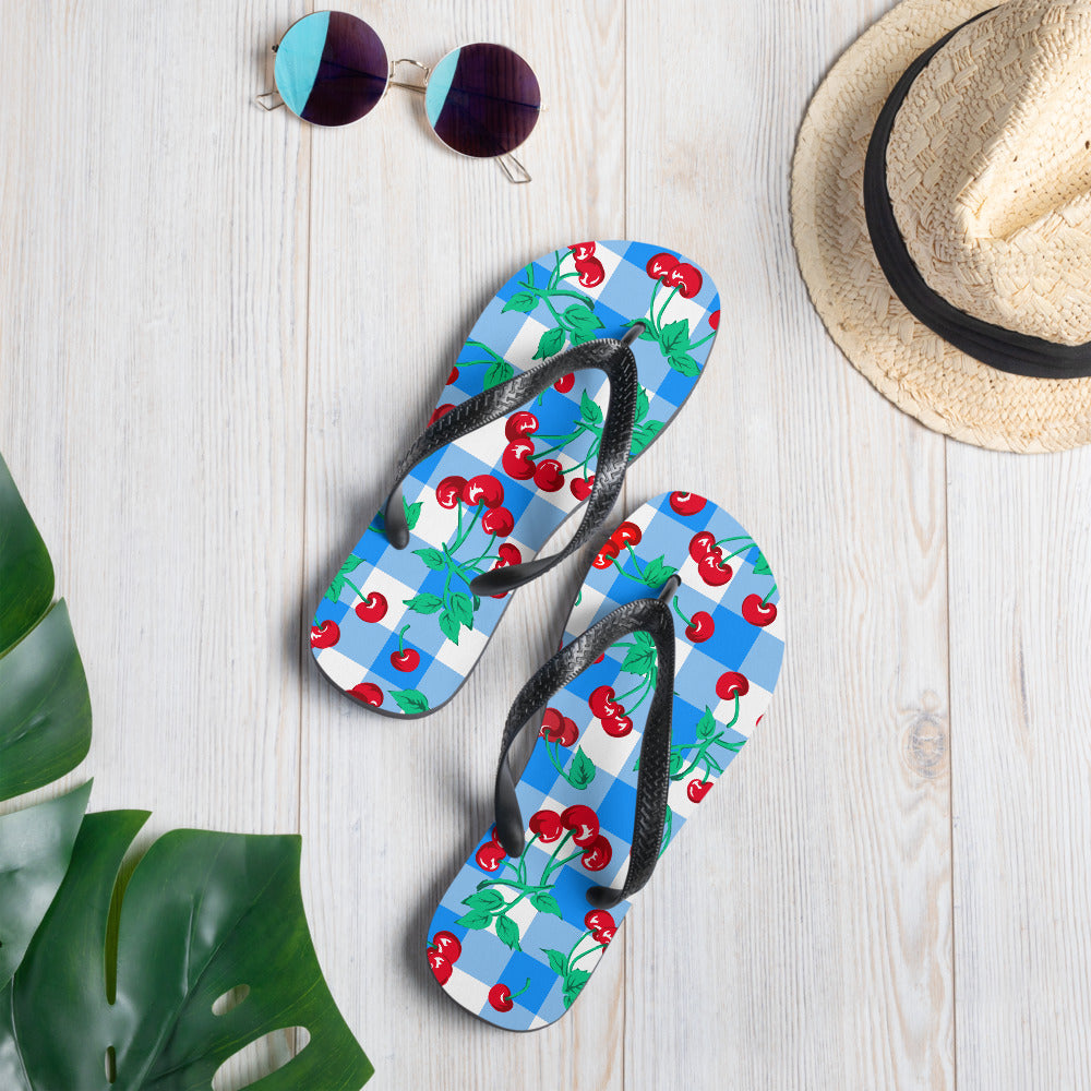 Amie Thong Flip-Flop Beach Sandals in Cherry Girl Blue Gingham