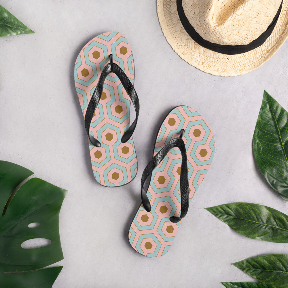 Amie Thong Flip-Flop Beach Sandals in Antoinette Pink & Blue Hotel Hexagon