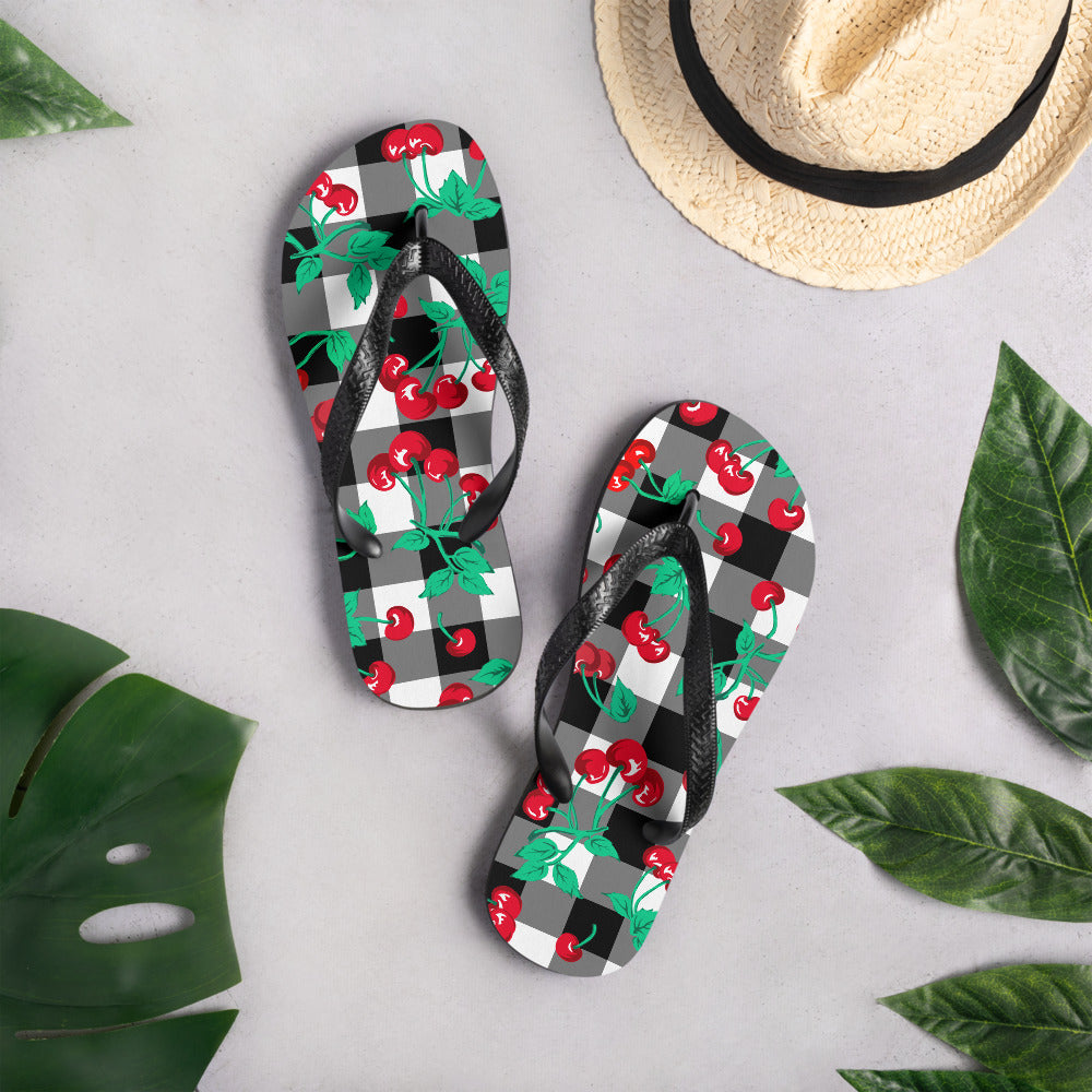 Amie Thong Flip-Flop Beach Sandals in Cherry Girl Black Gingham