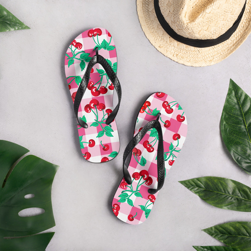 Amie Thong Flip-Flop Beach Sandals in Pink Gingham Cherry Girl