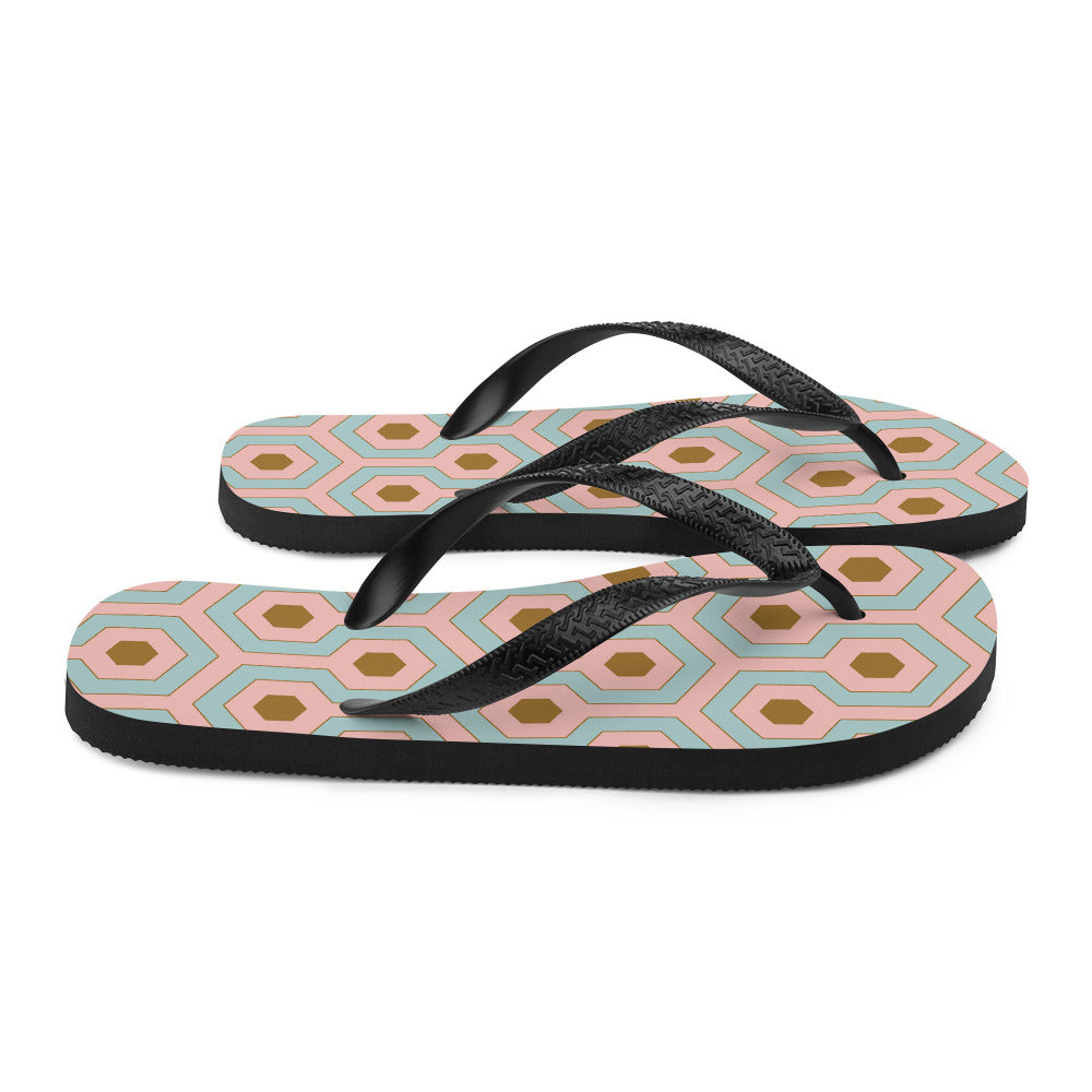Amie Thong Flip-Flop Beach Sandals in Antoinette Pink & Blue Hotel Hexagon