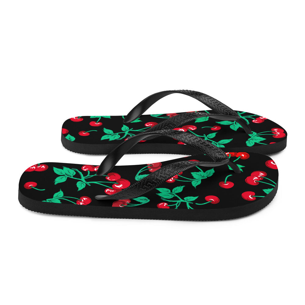 90s Vintage Thong Flip-Flop Beach Sandals in Black Cherry Print