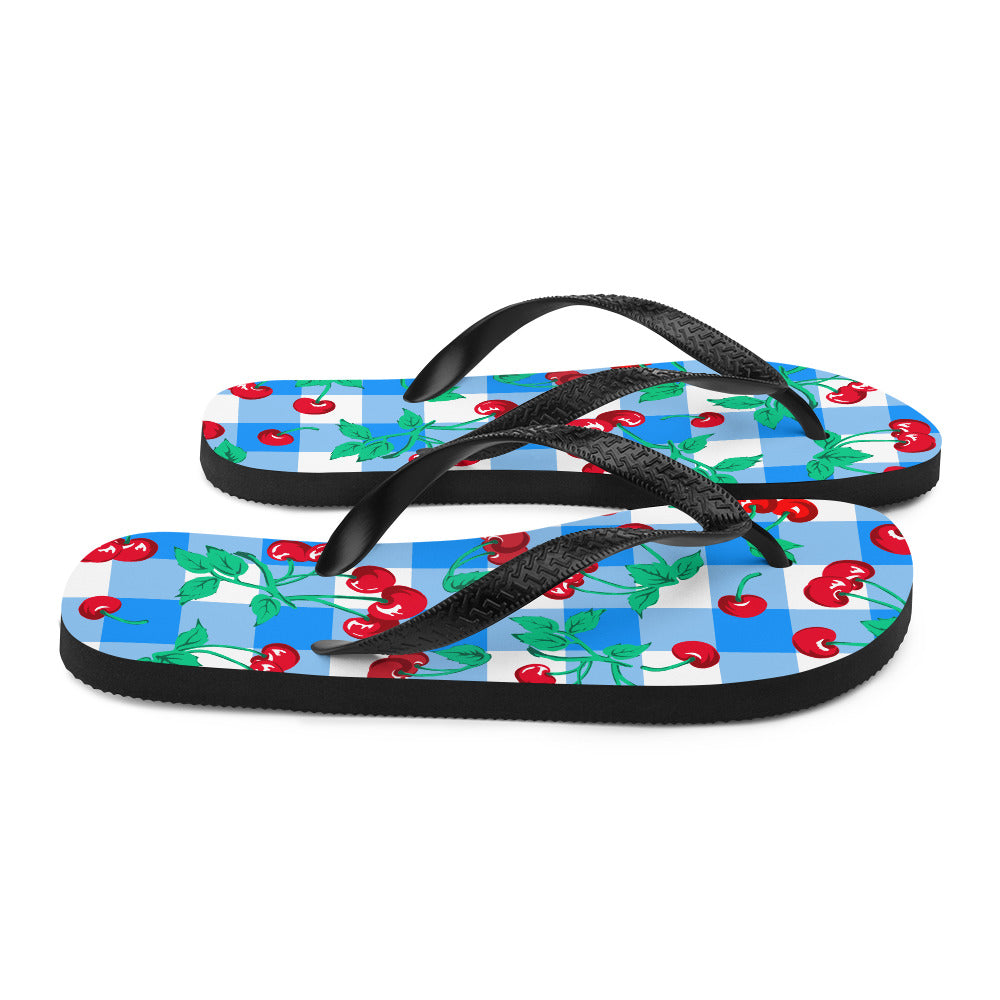 Amie Thong Flip-Flop Beach Sandals in Cherry Girl Blue Gingham