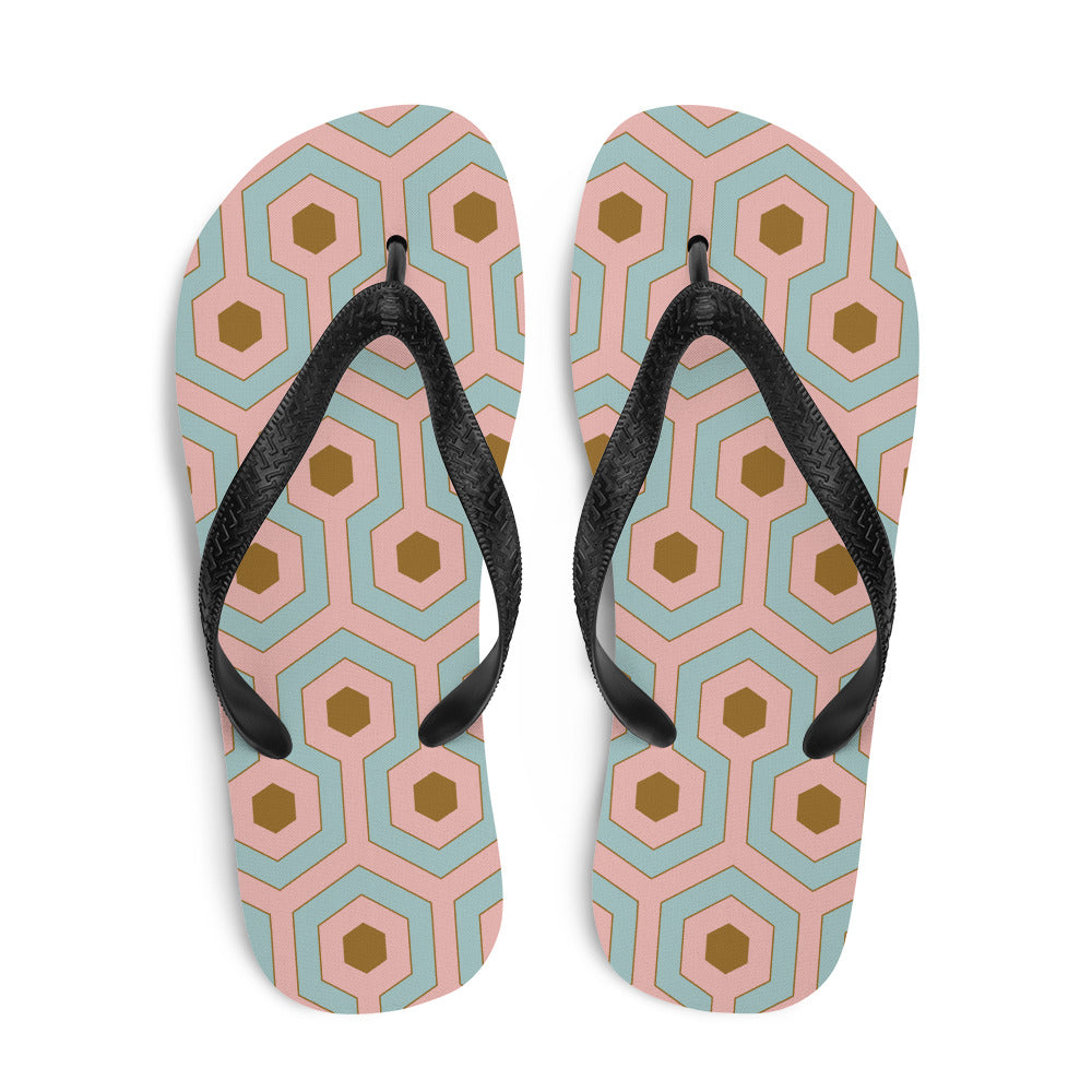 Amie Thong Flip-Flop Beach Sandals in Antoinette Pink & Blue Hotel Hexagon