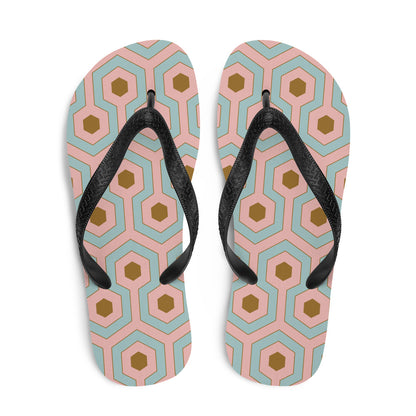 Amie Thong Flip-Flop Beach Sandals in Antoinette Pink & Blue Hotel Hexagon | Pinup Couture Swim