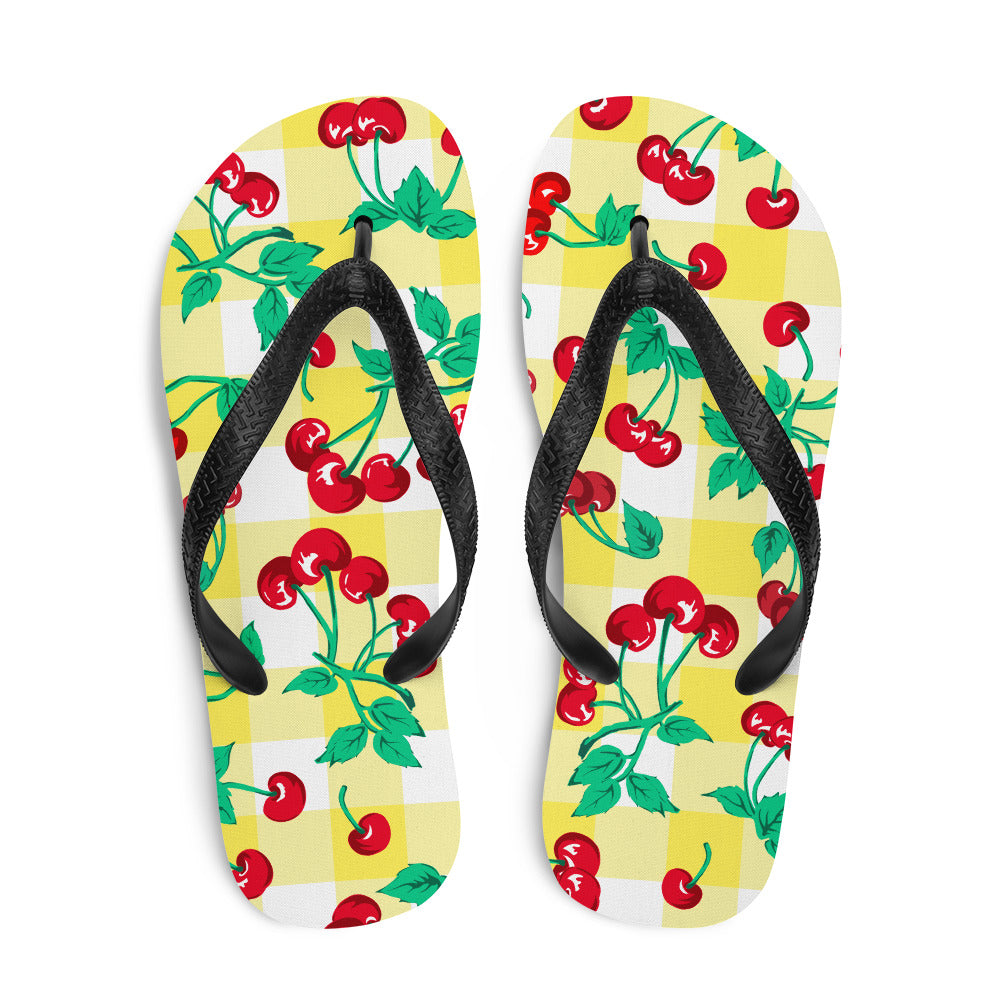 Amie Thong Flip-Flop Beach Sandals in Yellow Gingham Cherry Girl