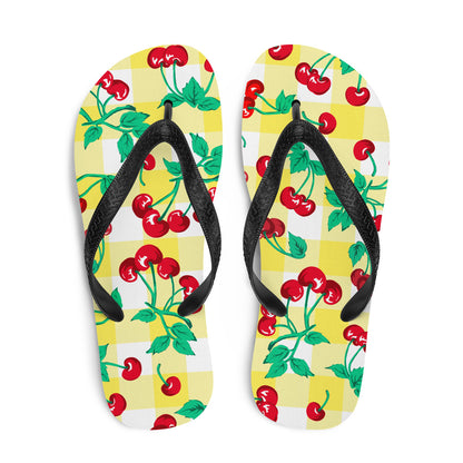 Amie Thong Flip-Flop Beach Sandals in Yellow Gingham Cherry Girl | Pinup Couture Relaxed