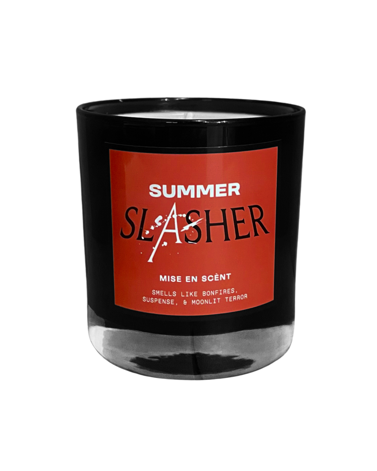Summer Slasher scented soy candle in a black glass jar with a red label