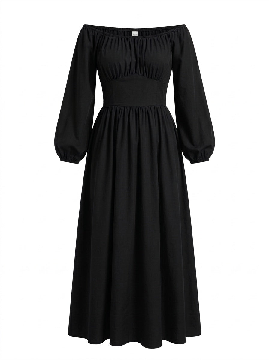 Solid black Swann Maxi Dress on a mannequin, off-shoulder peasant bodice with long blouson sleeves and a floor-length gathered skirt