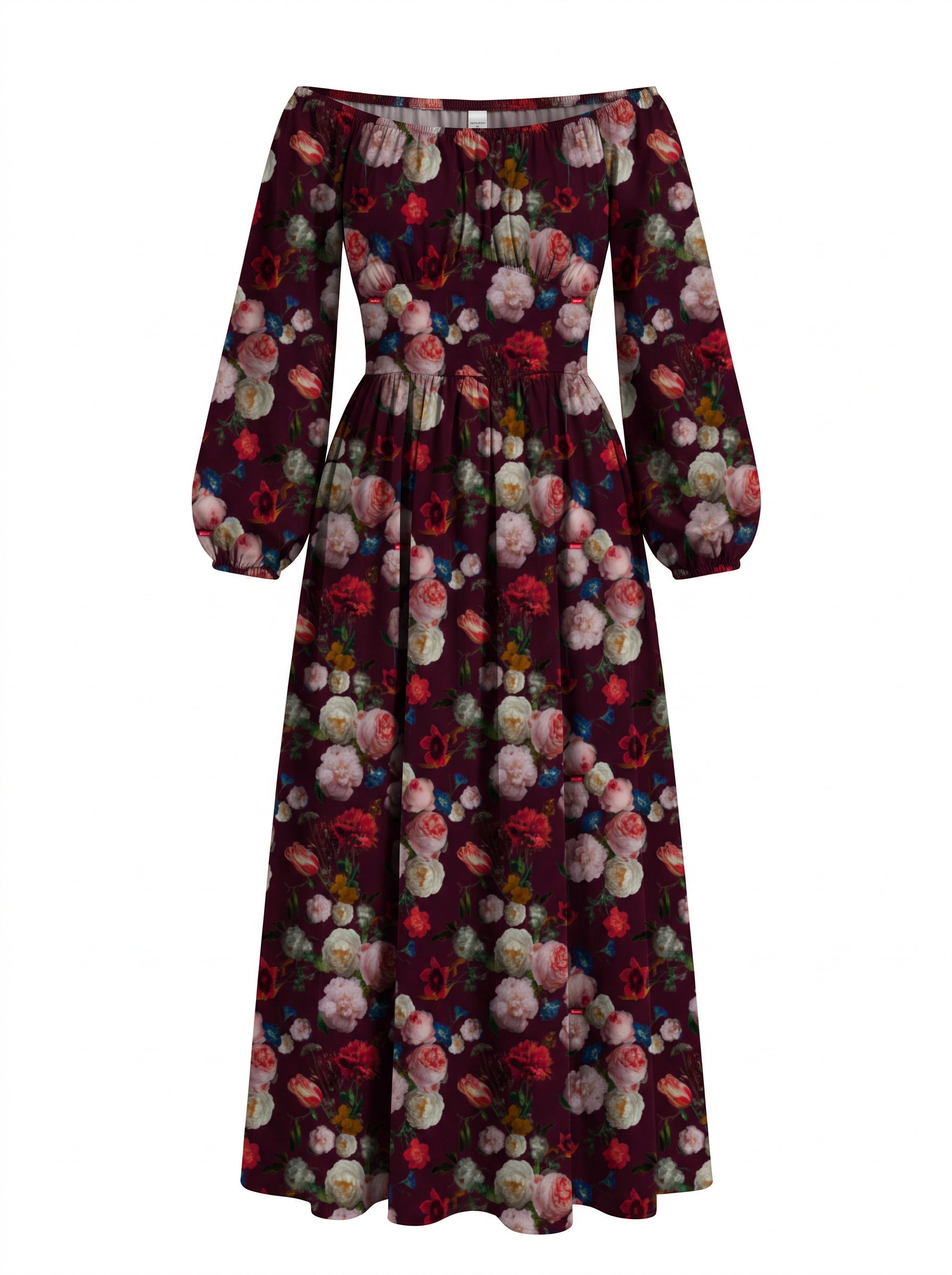 Burgundy Ambrosia Floral Swann Maxi Dress on a mannequin, floral print on dark wine red with an off-shoulder gathered bodice and a full gathered skirt