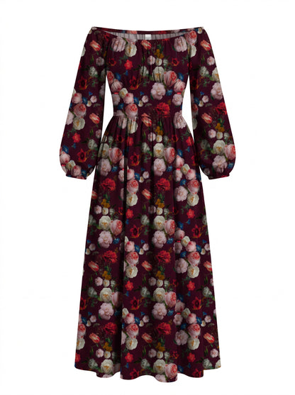 Burgundy Ambrosia Floral Swann Maxi Dress on a mannequin, floral print on dark wine red with an off-shoulder gathered bodice and a full gathered skirt