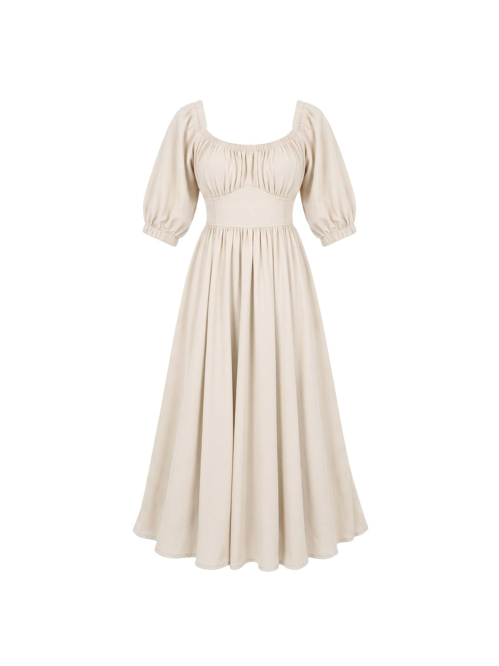 Coconut Milk Swann Maxi Dress shown flat, gathered peasant bodice with puffed sleeves and a floor-length gathered skirt in warm off-white crepe