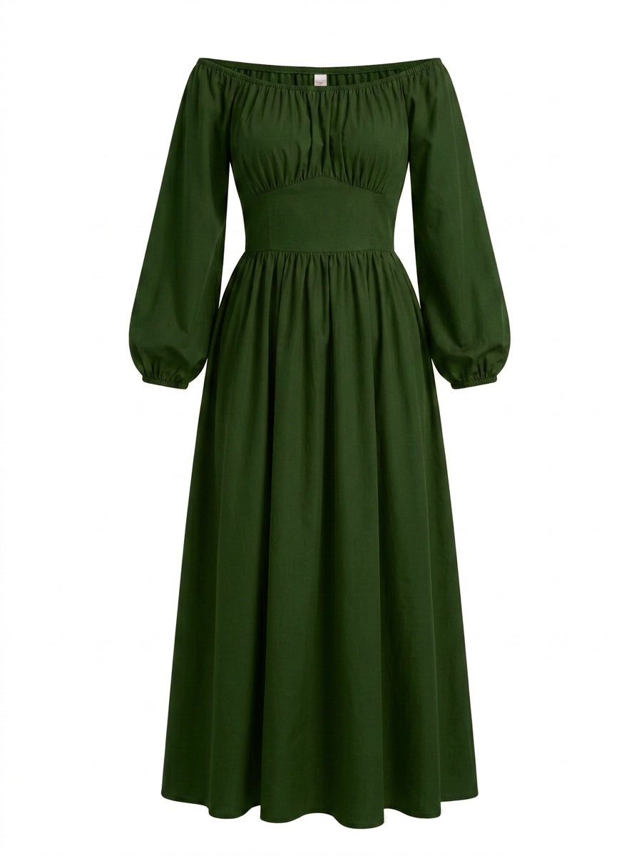 Hunter Green Swann Maxi Dress on a mannequin, off-shoulder peasant bodice, fitted waistband and full gathered maxi skirt