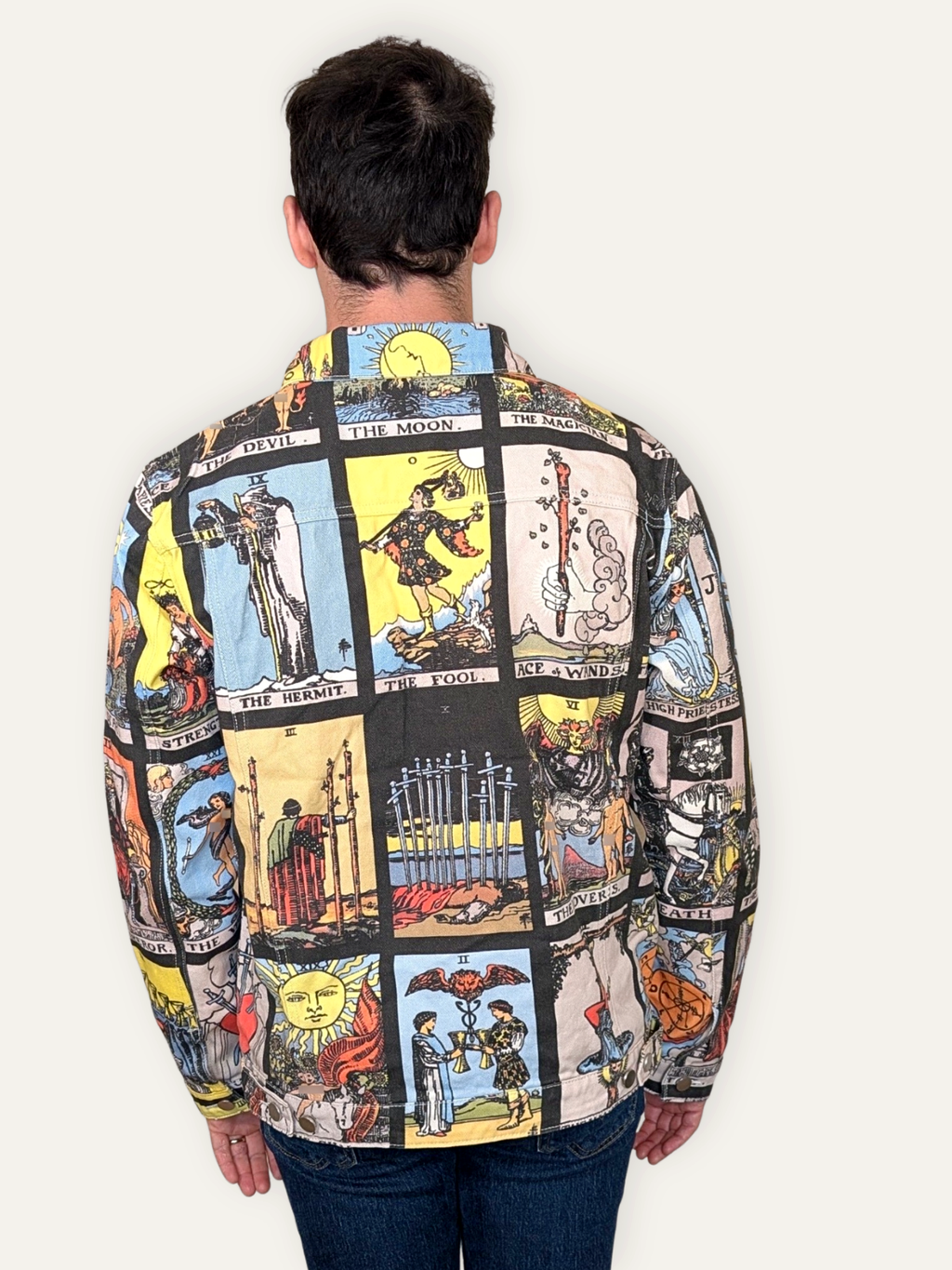 Back view of the Tarot Card Denim Jacket showing the tarot card grid print